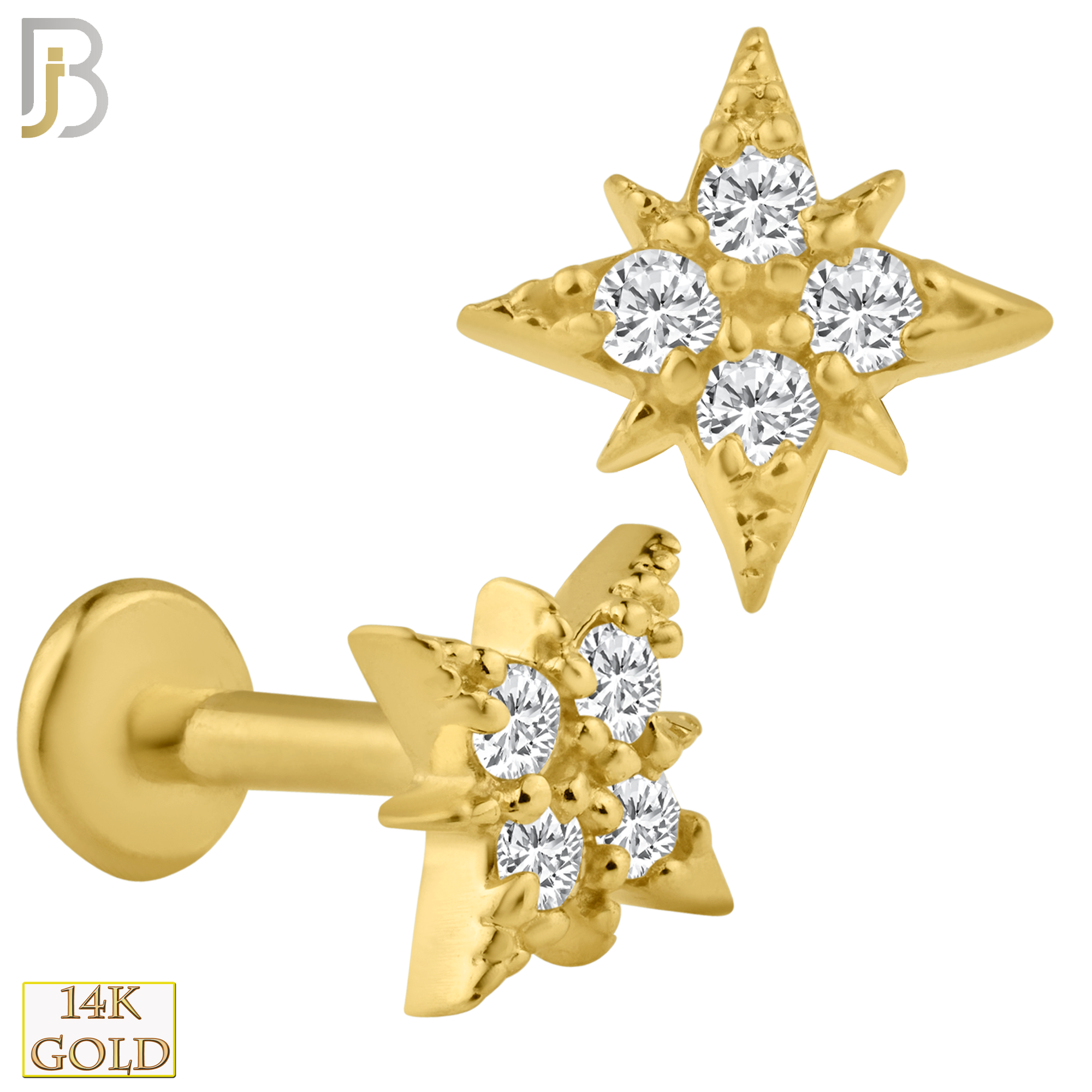14-LB33 - 14k Solid Gold North Star with Zircon Internally Threaded Labret - Yellow Gold image