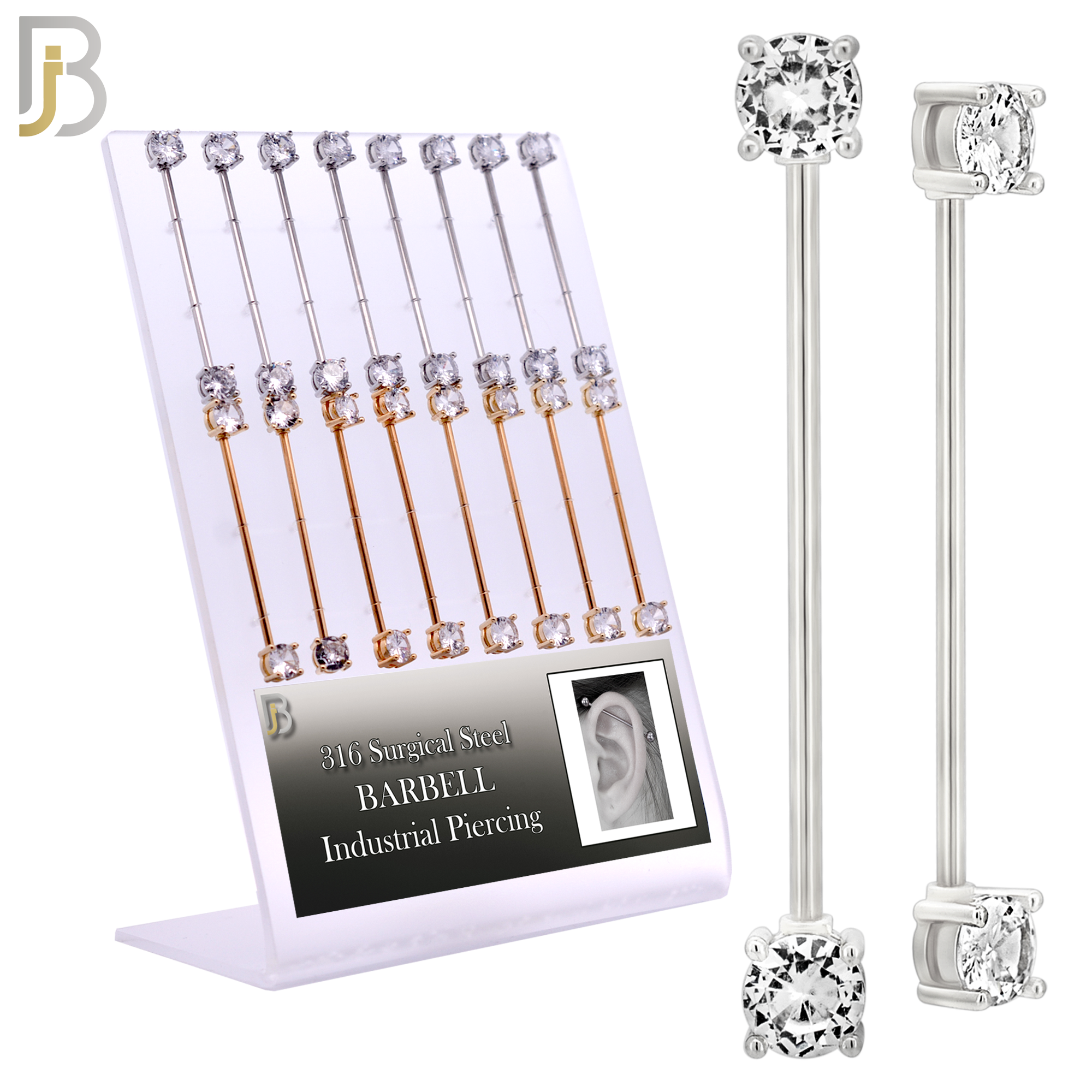 PK-BB37SG - 316 Surgical Steel Industrial Barbell with 6mm Prong Set CZ image 0