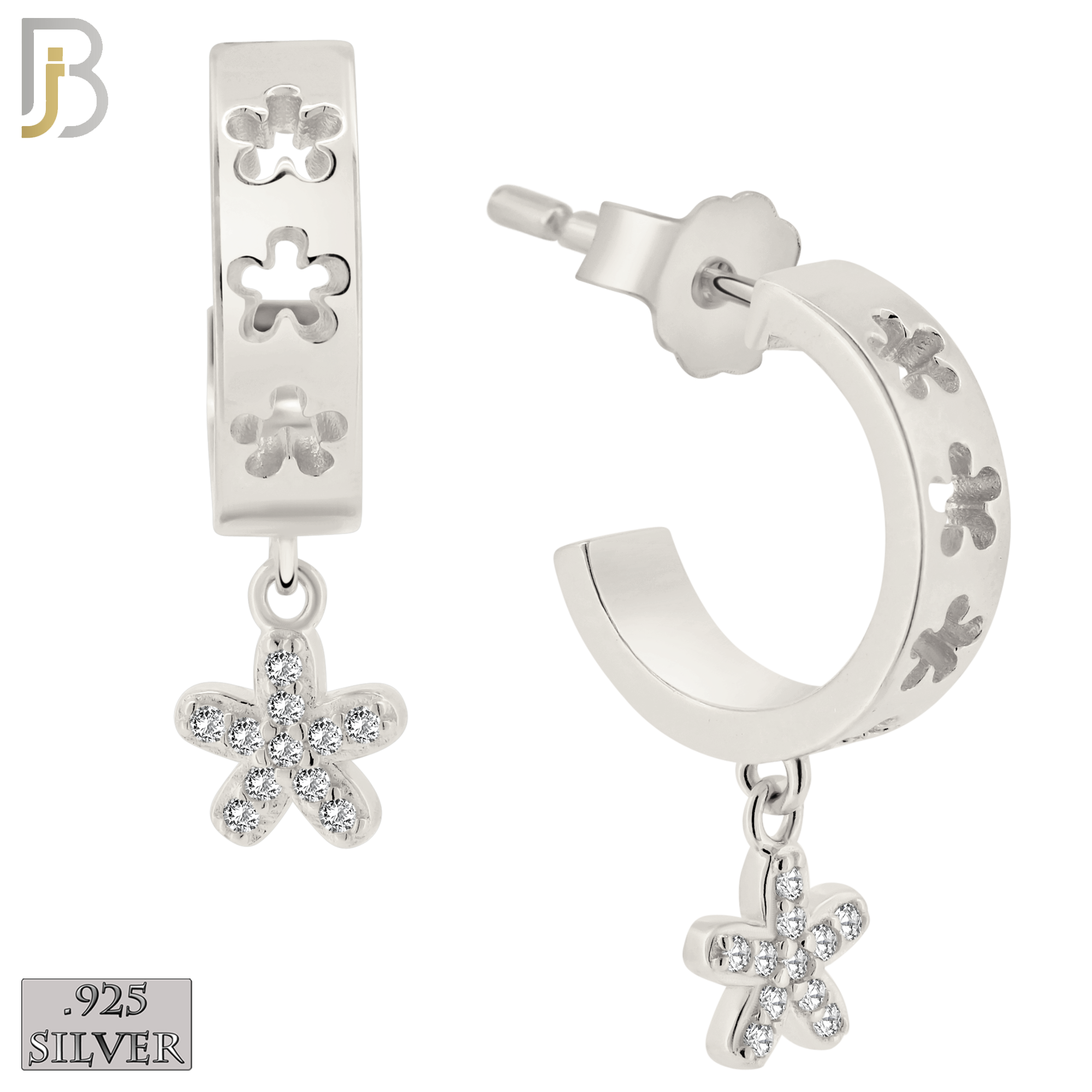 925-ES406 - 925 Sterling Silver Dangling CZ Studded Star/Flower Half Hoop Earrings image 0