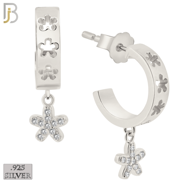 925-ES406 - 925 Sterling Silver Dangling CZ Studded Star/Flower Half Hoop Earrings image 0