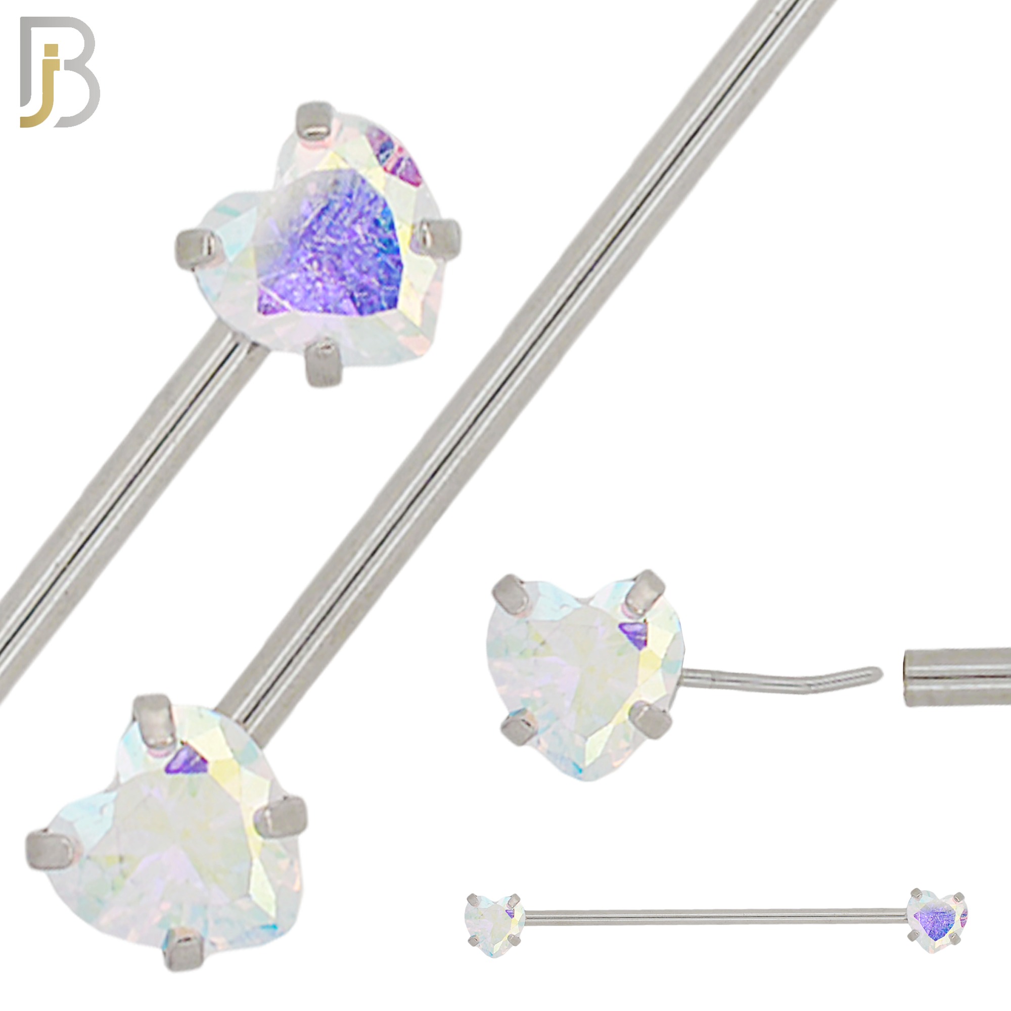 BB52 - 316L Surgical Steel Heart Shaped Zircon Threadless Push-In Industrial Barbell (PACK OF 6) image 1