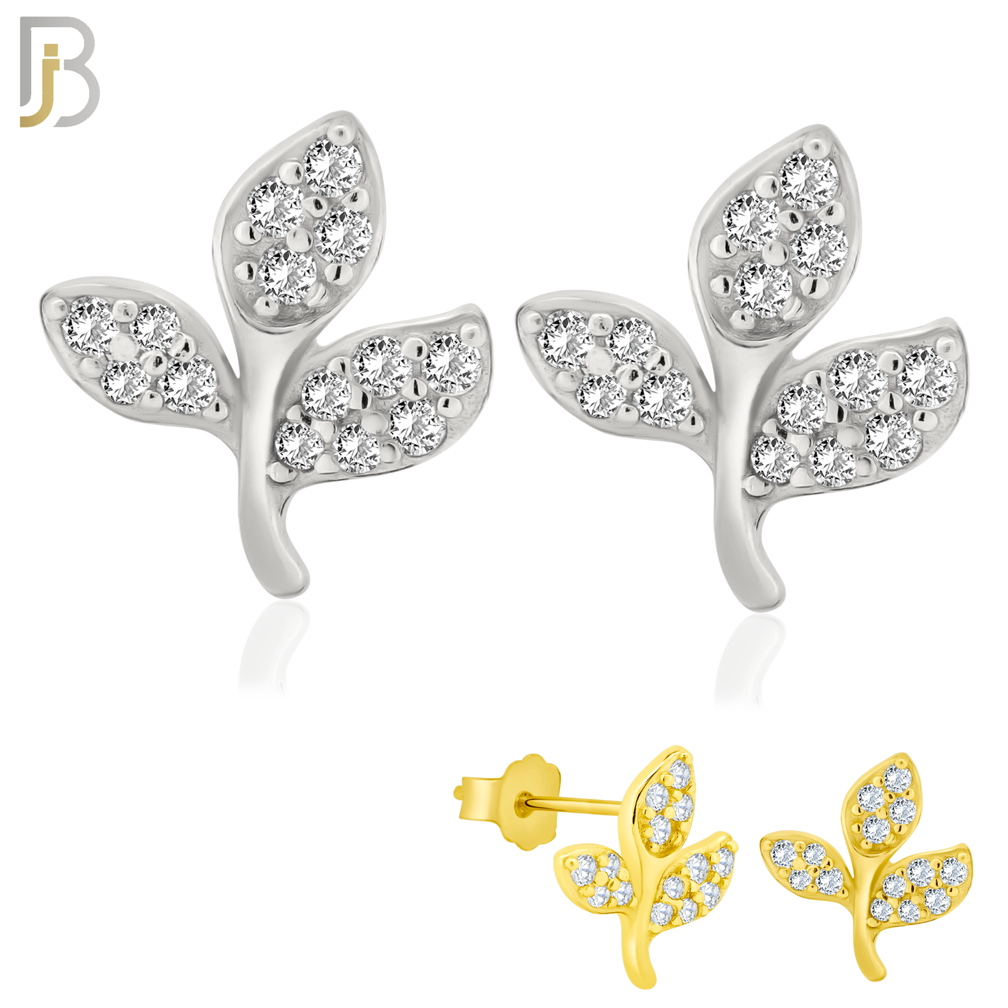 925-ES148 - .925 Sterling Silver Leaf Design with Zircon Design Earring Stud image 0