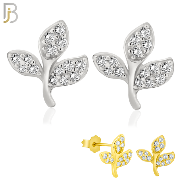 925-ES148 - .925 Sterling Silver Leaf Design with Zircon Design Earring Stud image 0