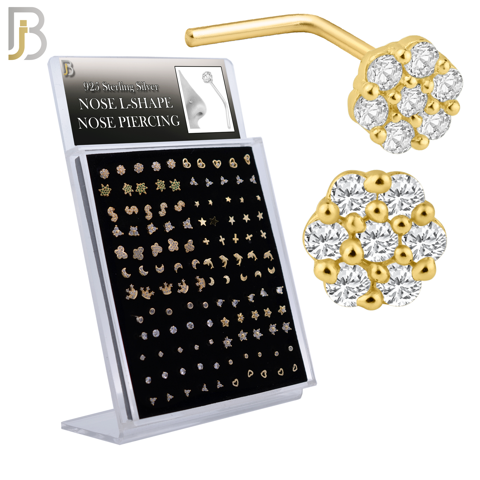 925-PK-NR33YL9 - 925 Sterling Silver L-Shaped Nose Rings with Different Designs - Pack of 120 image 0