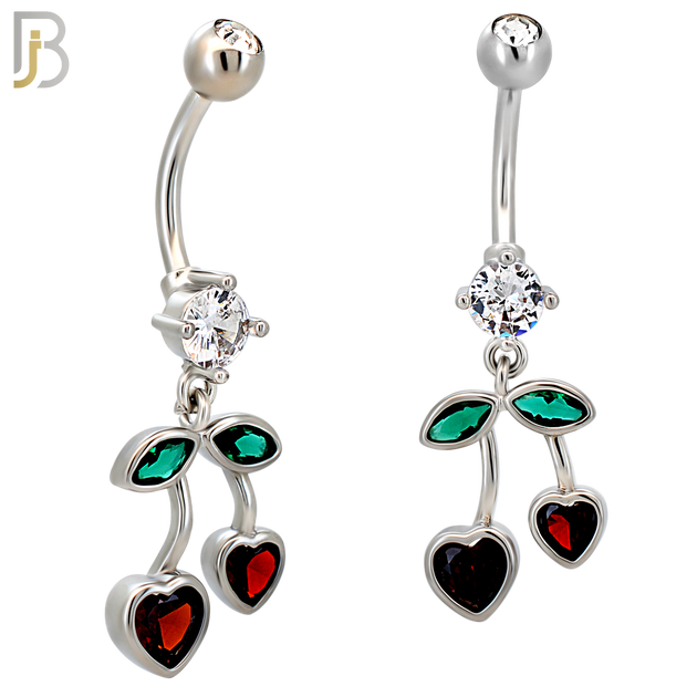 N0146 - 316L Surgical Steel Dangling Heart Cherry in Bezel Set Belly Ring image 1