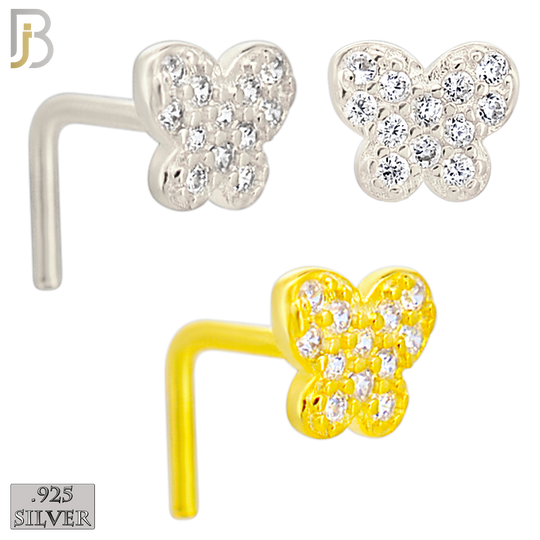 925-NR47LGSC - 925 Sterling Silver Butterfly CZ L Shape Nose Ring (Pack of 6) - Rhodium Plated and Yellow Gold Plated image