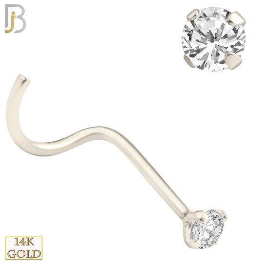 14-NR03CW-22 - 14k Solid White Gold 22g Prong Setting  Round Cubic Zircona Nose Screw, Cork Screw image 3