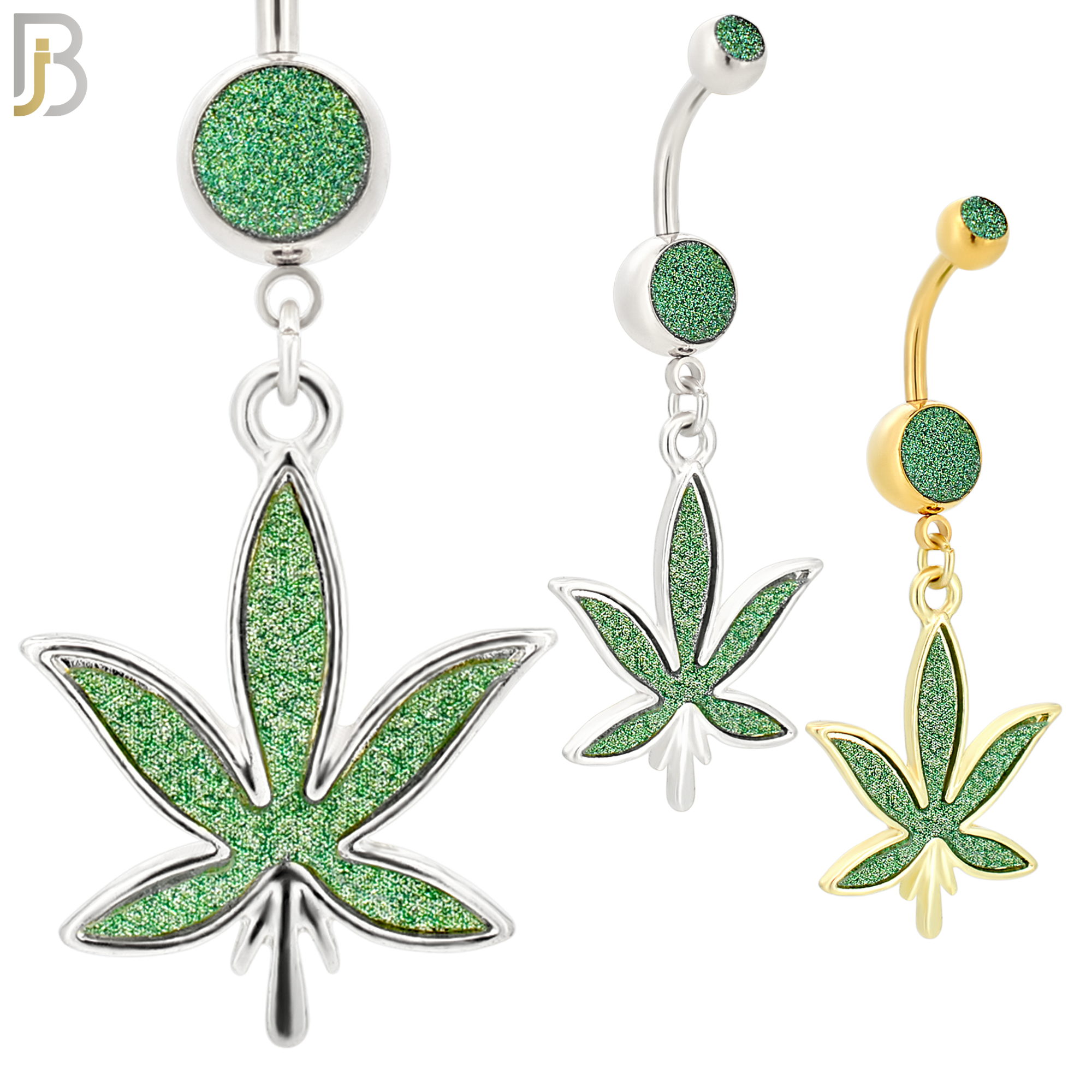 N002 - 316L Stainless Steel Dangling Marijuana Leaf Sandpaper Design Belly Ring with 4mm Screw Ball image 0