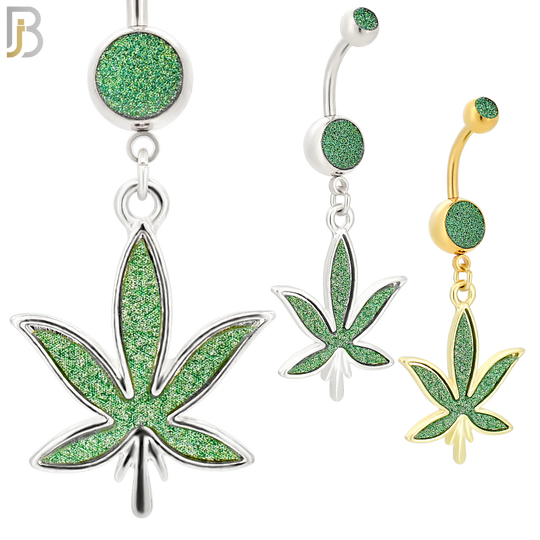 N002 - 316L Stainless Steel Dangling Marijuana Leaf Sandpaper Design Belly Ring with 4mm Screw Ball image 0