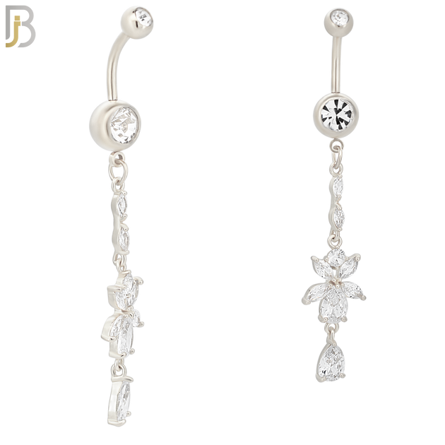 N057 - 316L Stainless Steel Dangling Flower with Teardrop Design Belly Ring with 5mm Screw Ball Top image 1