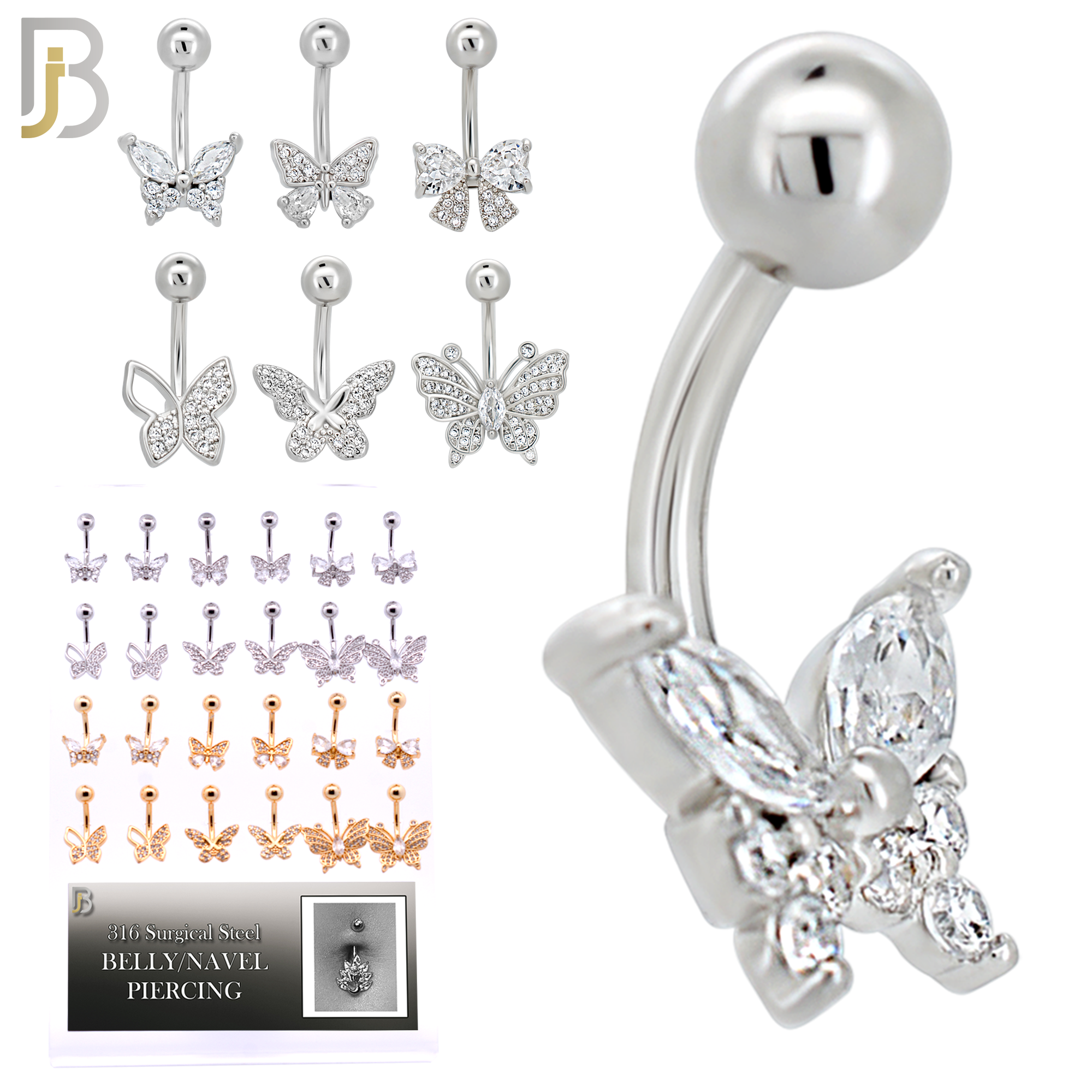 PK-NBMX3SG- 316L Surgical Steel All Butterfly Design Banana Belly Rings - Pack of 24 Pieces image 1