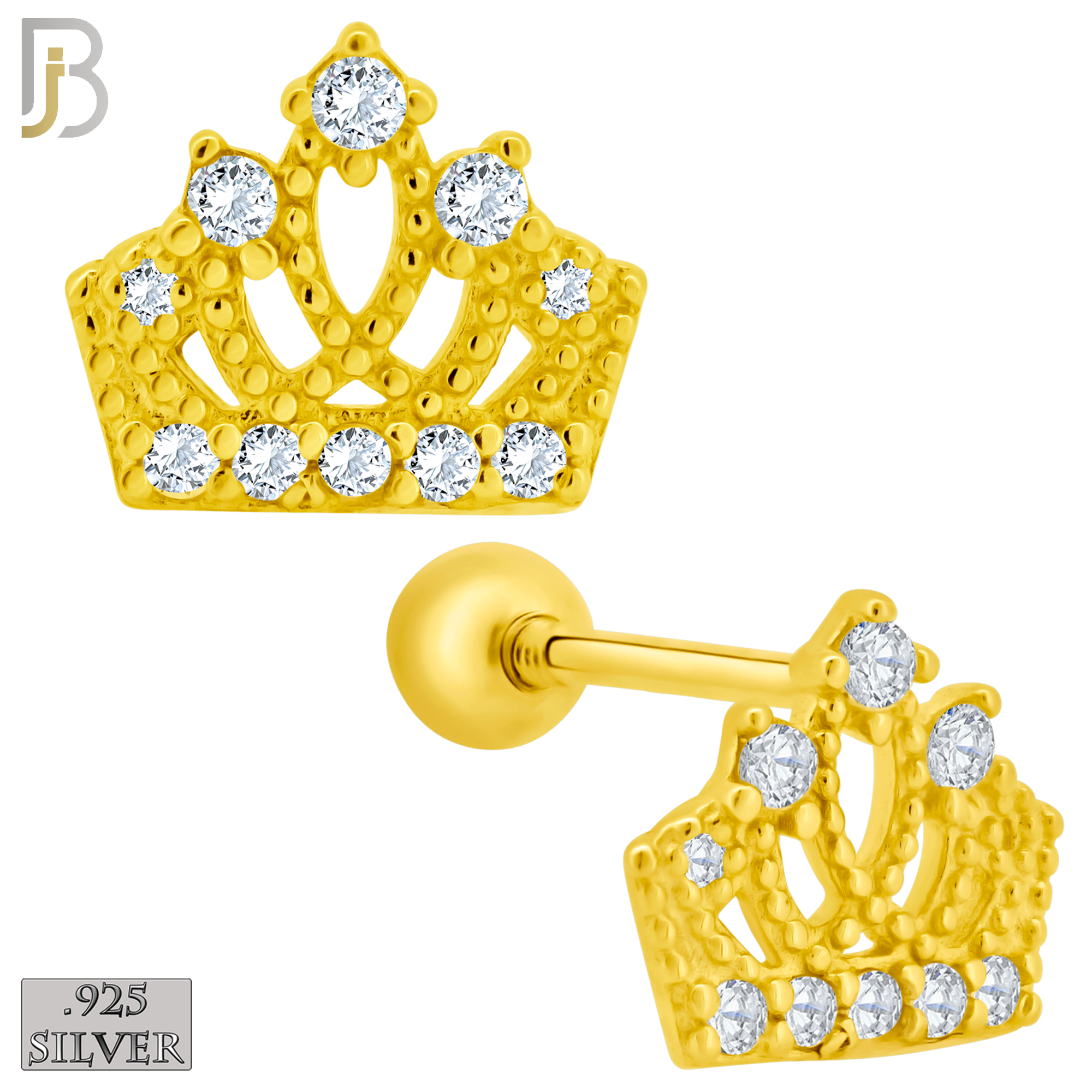 925-ES209 - Screw Ball Back - .925 Sterling Silver Crown Design Earring Stud with Clear Zircon image 2