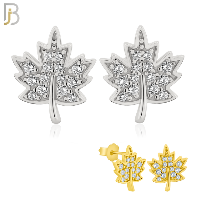 925-ES145 - .925 Sterling Silver Autumn Leaf Design with Zircon Design Earring Stud image 0