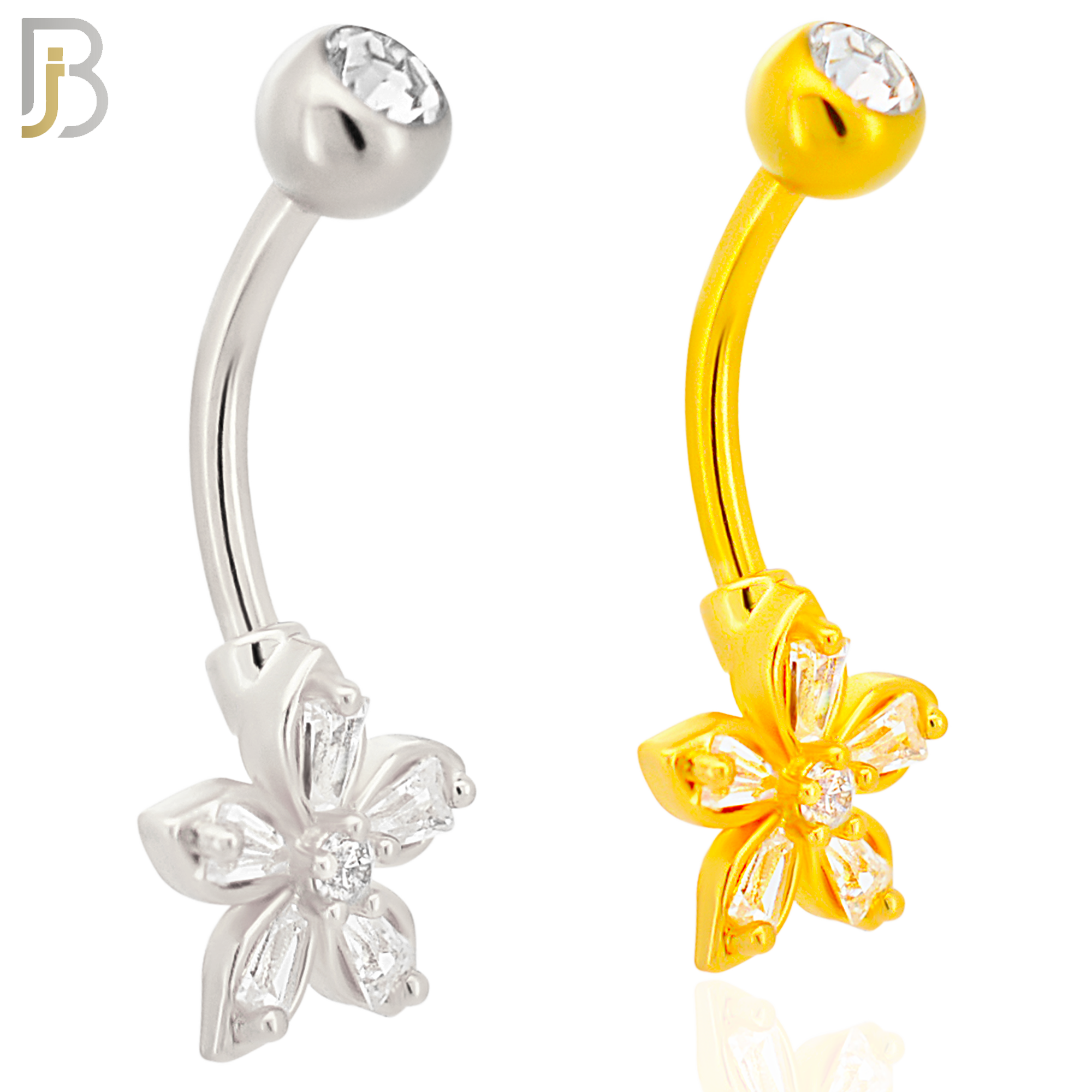 NB87 -  316L Stainless Steel Flower Design CZ Banana Belly Ring and 5mm Screw Ball image 0