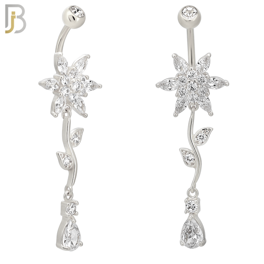 N0117  - 316L Stainless Steel Flower with Vein & Pear Shaped Zircon Belly Ring and 5mm Screw Ball image 2