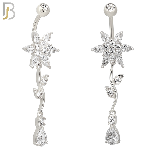 N0117  - 316L Stainless Steel Flower with Vein & Pear Shaped Zircon Belly Ring and 5mm Screw Ball image 2
