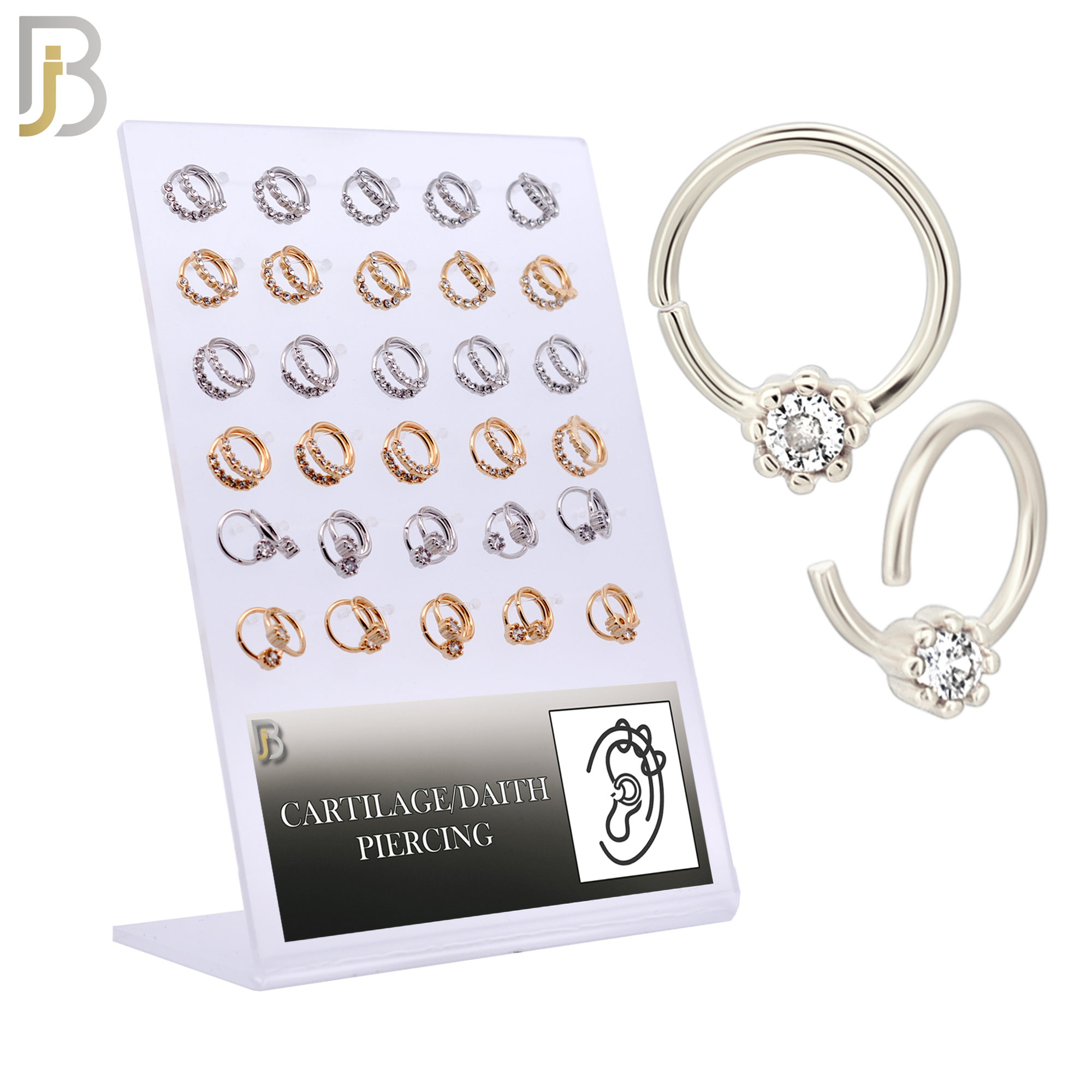 PK-TH03MX1- Brass Three Different Designs Tragus - Helix Hoop Piercing with CZ - Pack of 60 - Pack of 60 image