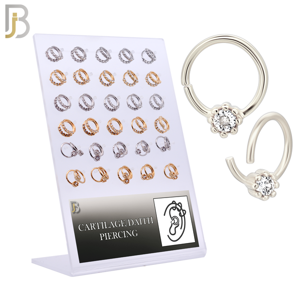 PK-TH03MX1- Brass Three Different Designs Tragus - Helix Hoop Piercing with CZ - Pack of 60 - Pack of 60 image