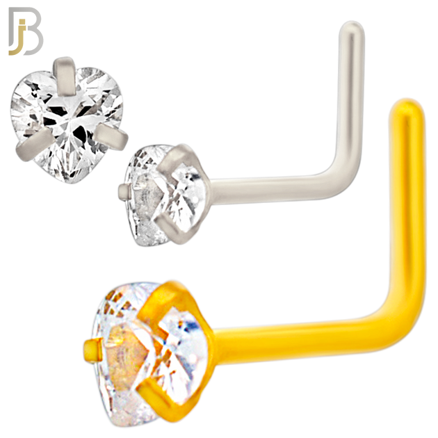 NR42L - 316L Surgical Steel L-Shape Nose Ring with 3mm Heart Shaped Clear Zircon in Three Prong Setting (PACK OF 6) image 0