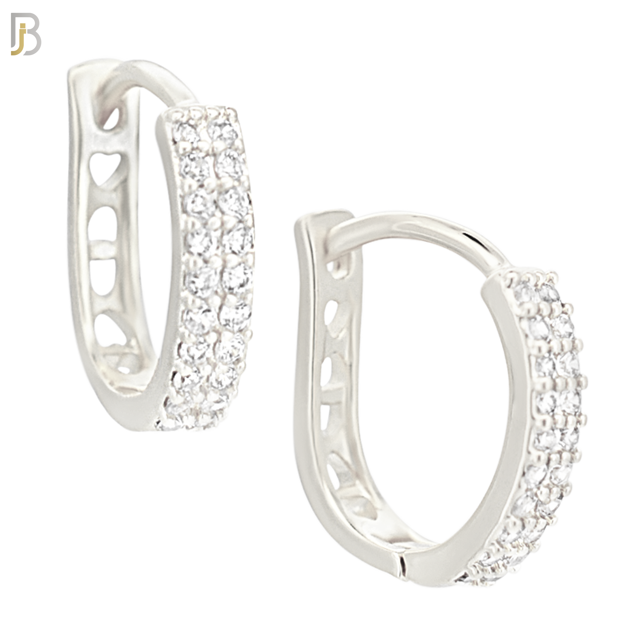 ES189 - 316L Surgical Steel Curved Hoop Earring with  Two Rows of Zircon CZ on One Side and Hollow Heart Design on Back Side image 1