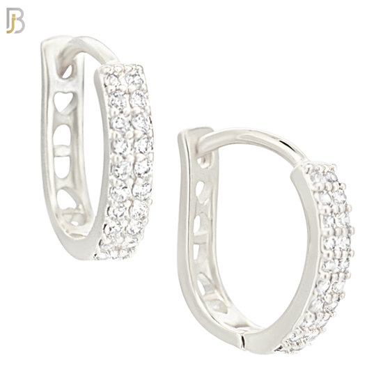 ES189 - 316L Surgical Steel Curved Hoop Earring with  Two Rows of Zircon CZ on One Side and Hollow Heart Design on Back Side image 1