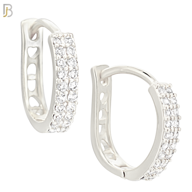 ES189 - 316L Surgical Steel Curved Hoop Earring with  Two Rows of Zircon CZ on One Side and Hollow Heart Design on Back Side image 1