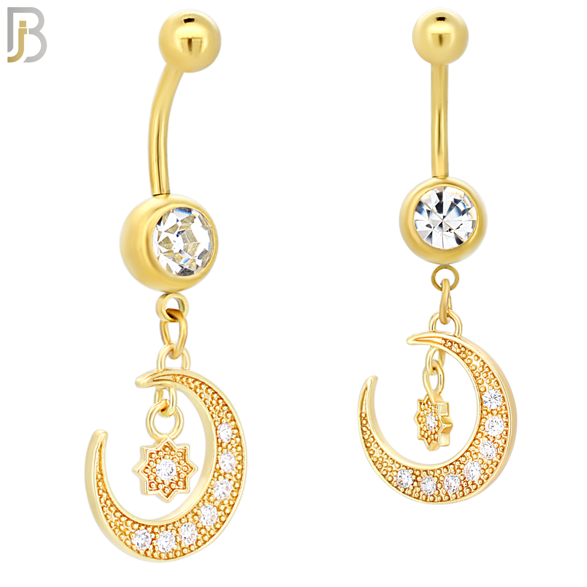 N094  - 316L Stainless Steel Round Zircon with Dangling Moon and Starburst with Zircon Belly Ring image 2