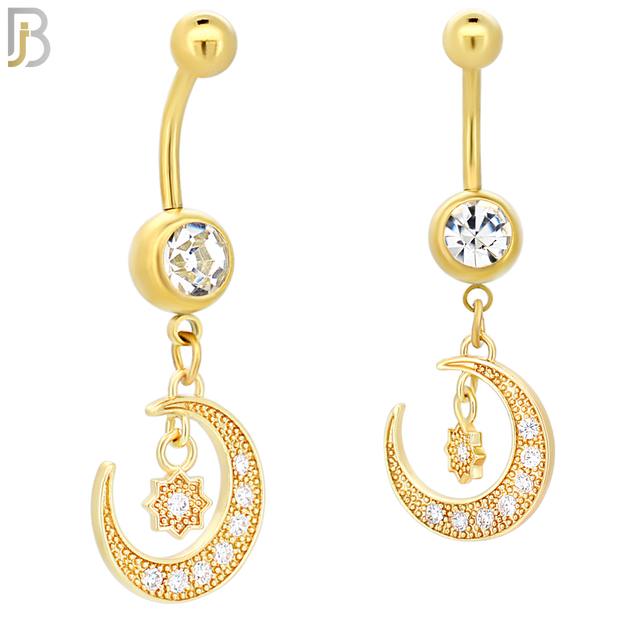 N094  - 316L Stainless Steel Round Zircon with Dangling Moon and Starburst with Zircon Belly Ring image 2