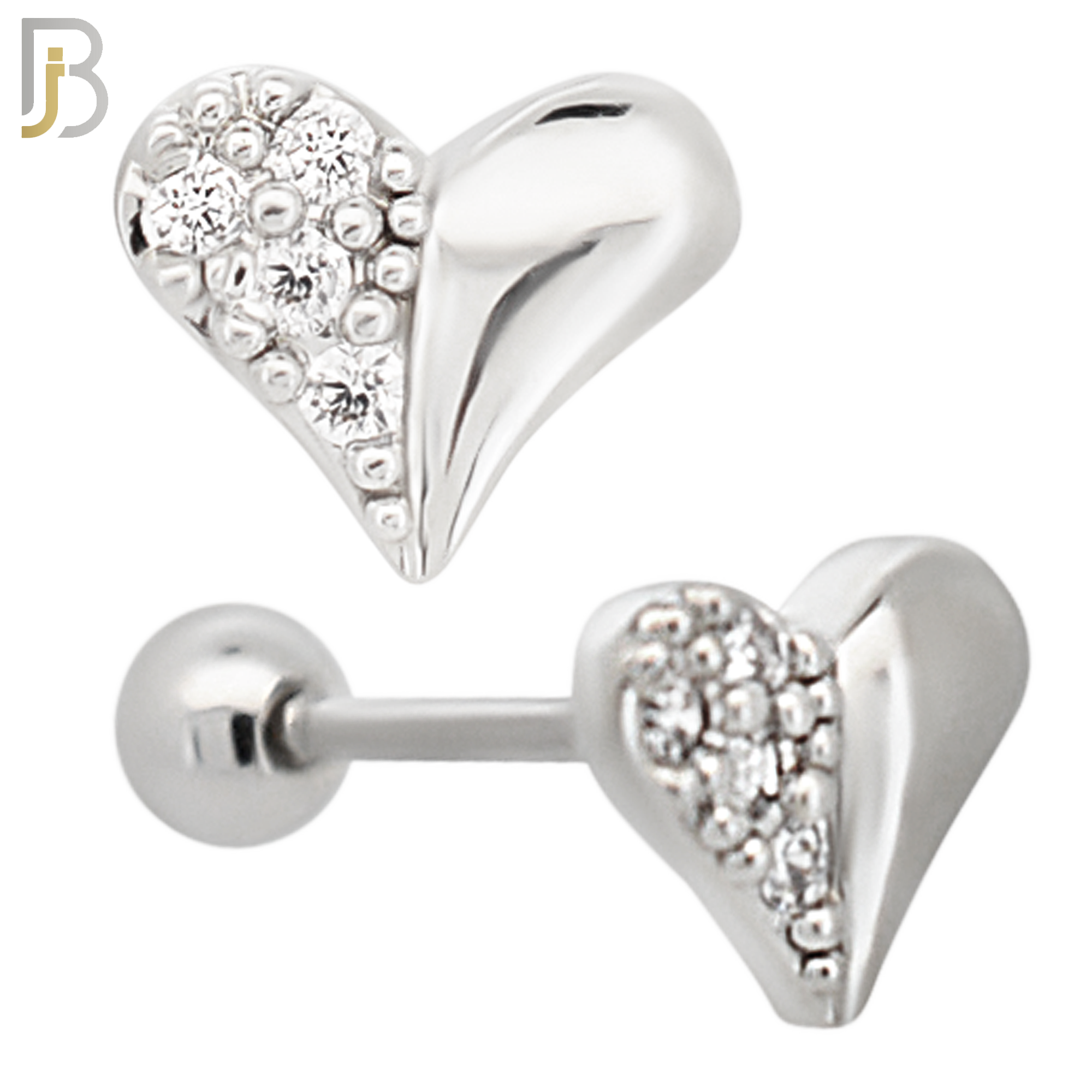 TB33 -316L Surgical Steel Half CZ Studded Heart Tragus Barbell Cartilage Piercing Screw Ball (PACK OF 6) image 0