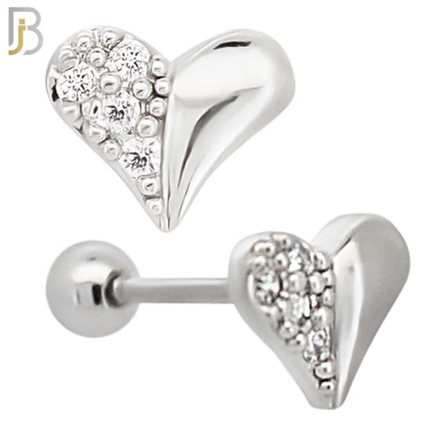 TB33 -316L Surgical Steel Half CZ Studded Heart Tragus Barbell Cartilage Piercing Screw Ball (PACK OF 6) image 0