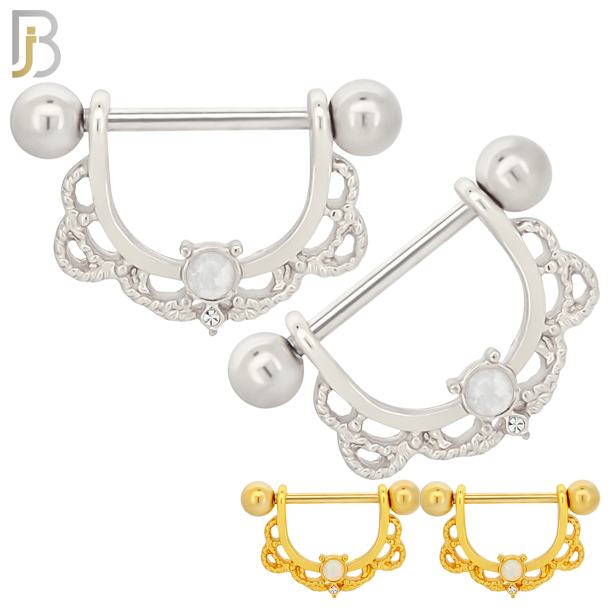 NP36 - 316L Surgical Steel Screw Bar with Alloy Horseshoe Tribal Design Opalite Pair image 0