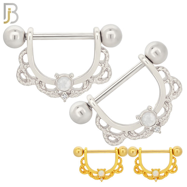 NP36 - 316L Surgical Steel Screw Bar with Alloy Horseshoe Tribal Design Opalite Pair image 0