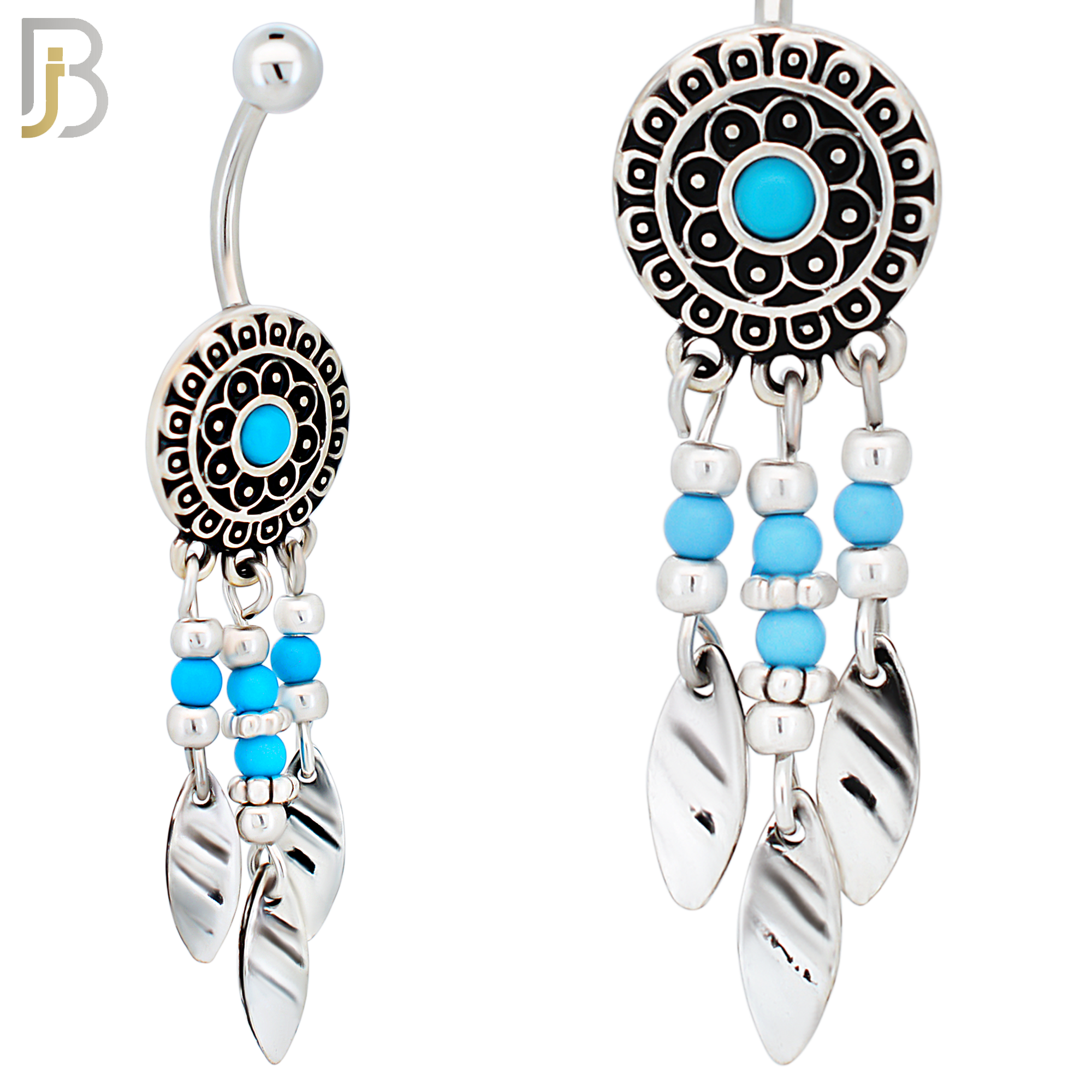 N0113  - 316L Stainless Steel Ornate Disc with Dangling  Leaf Drop - Steel image