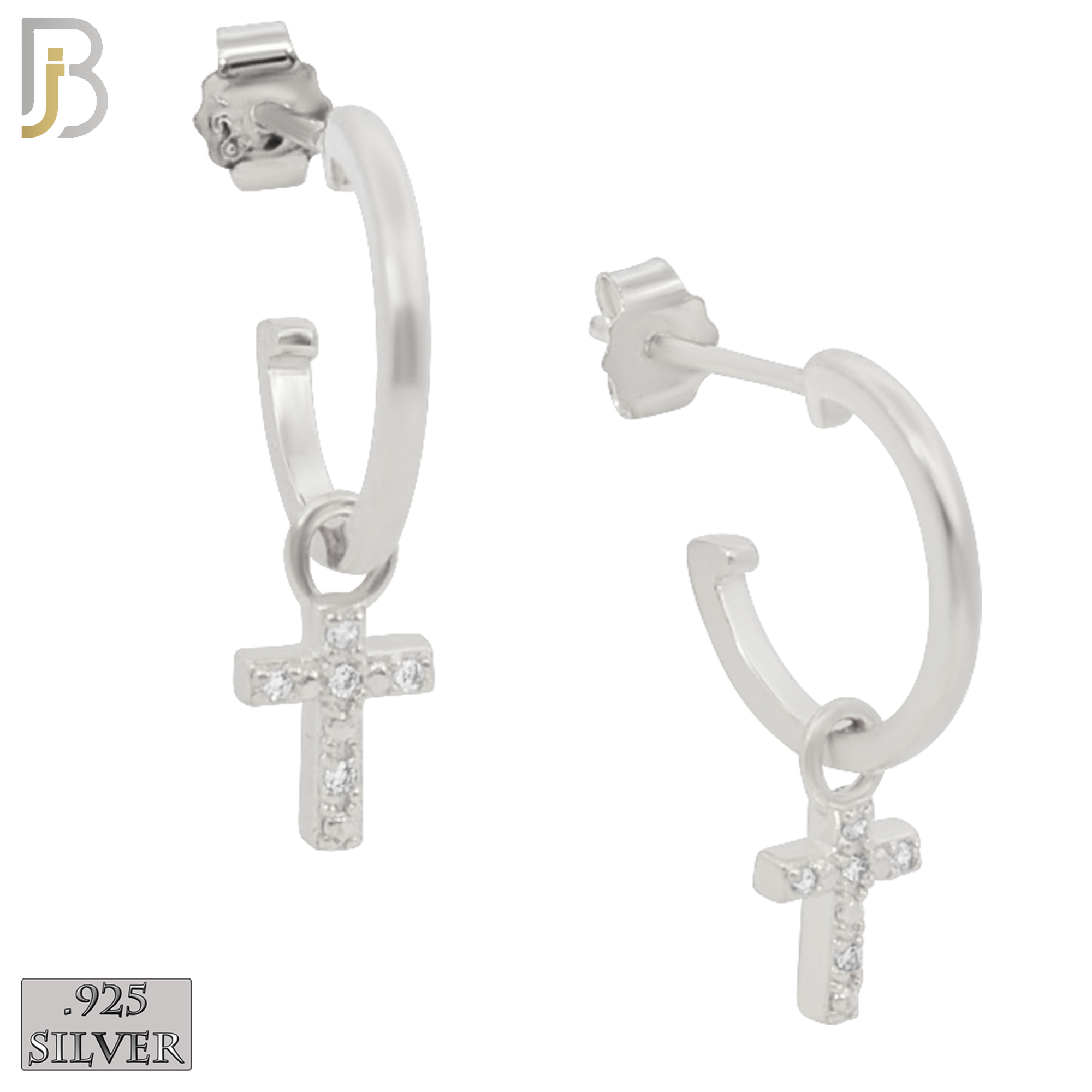 925-ES265 - .925 Sterling Silver Half Hoops with Dangling Cross with Zircon Design Earrings Stud image 1