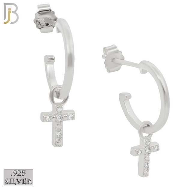 925-ES265 - .925 Sterling Silver Half Hoops with Dangling Cross with Zircon Design Earrings Stud image 1