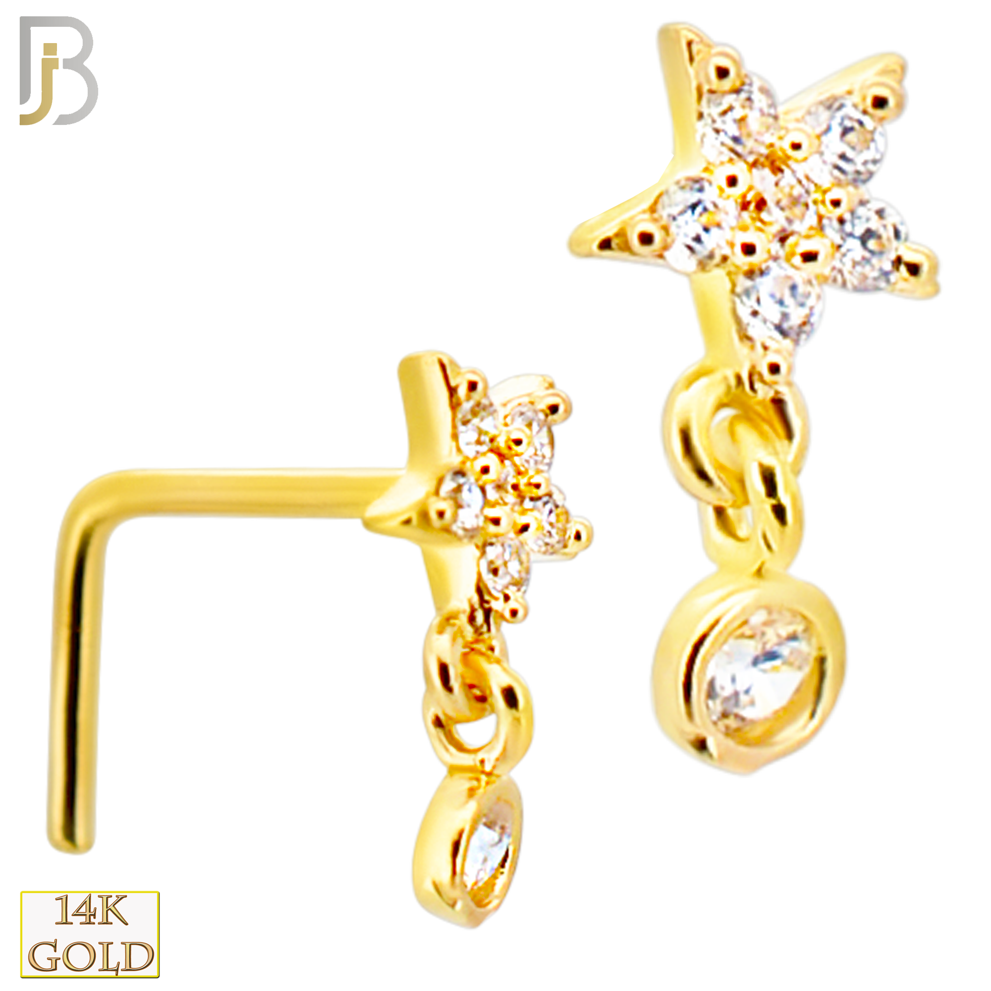14-NR112L- 14k Gold Studded Star with Dangling CZ in Bezel Setting L-Shape - Yellow Gold image