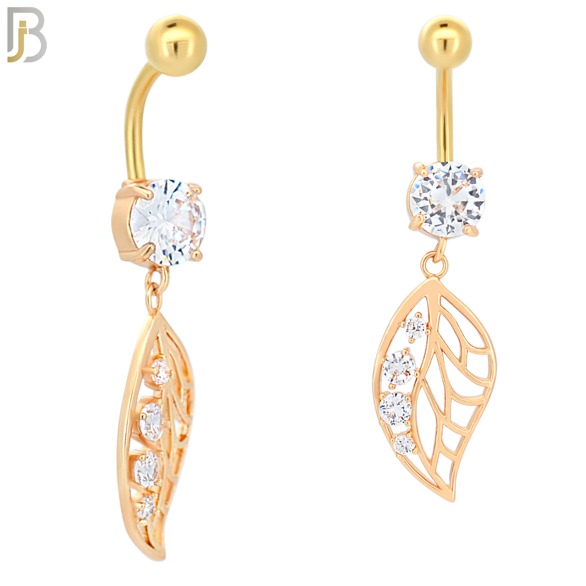 N032 - 316L Stainless Steel Dangling Leaf with 4 Prong Set Zircon Design Belly Ring with 5mm Screw Ball image 3