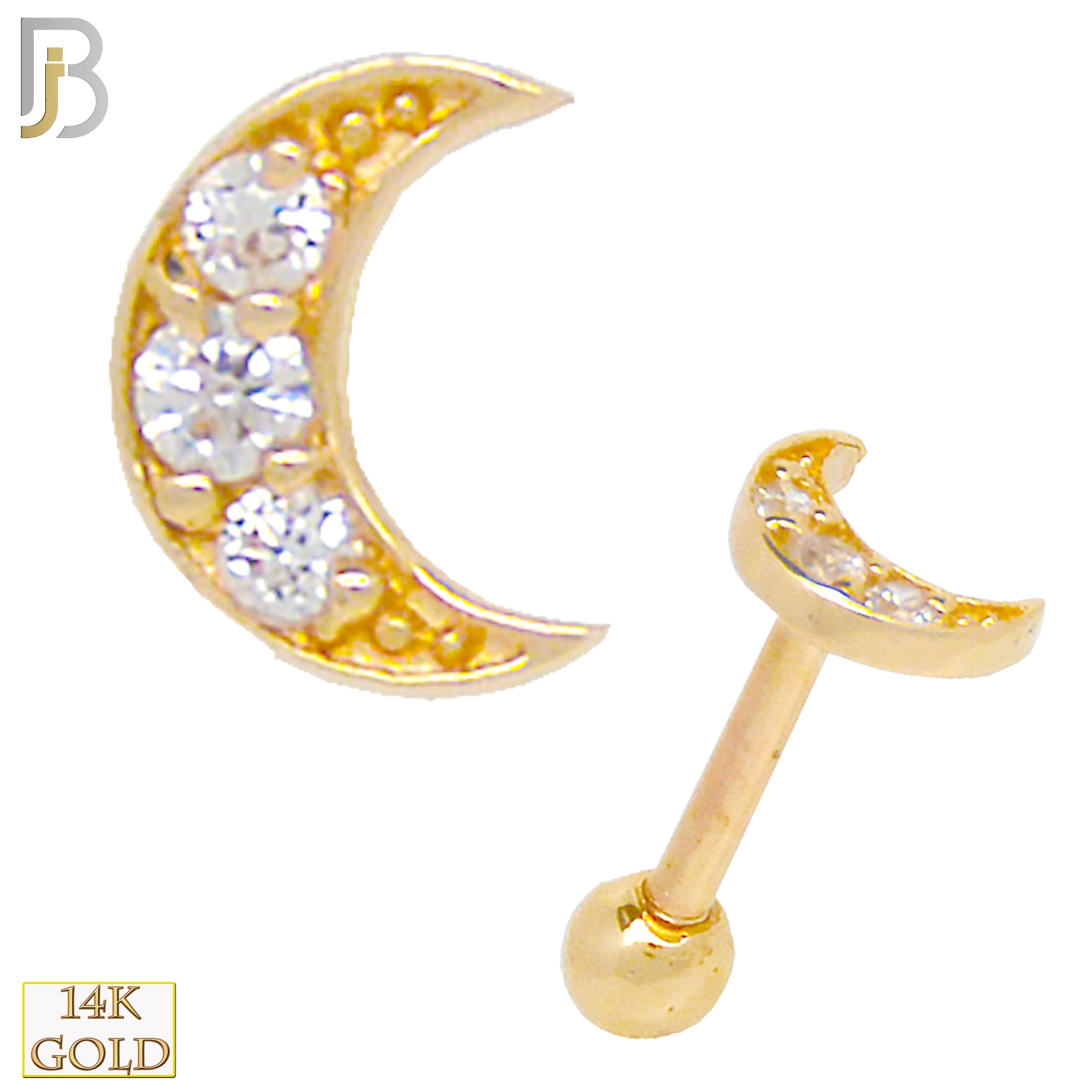 14-TB17 - 14k Solid Gold Crescent Moon Design Tragus Barbell Cartilage Earrings Piercing Screw Ball image 0