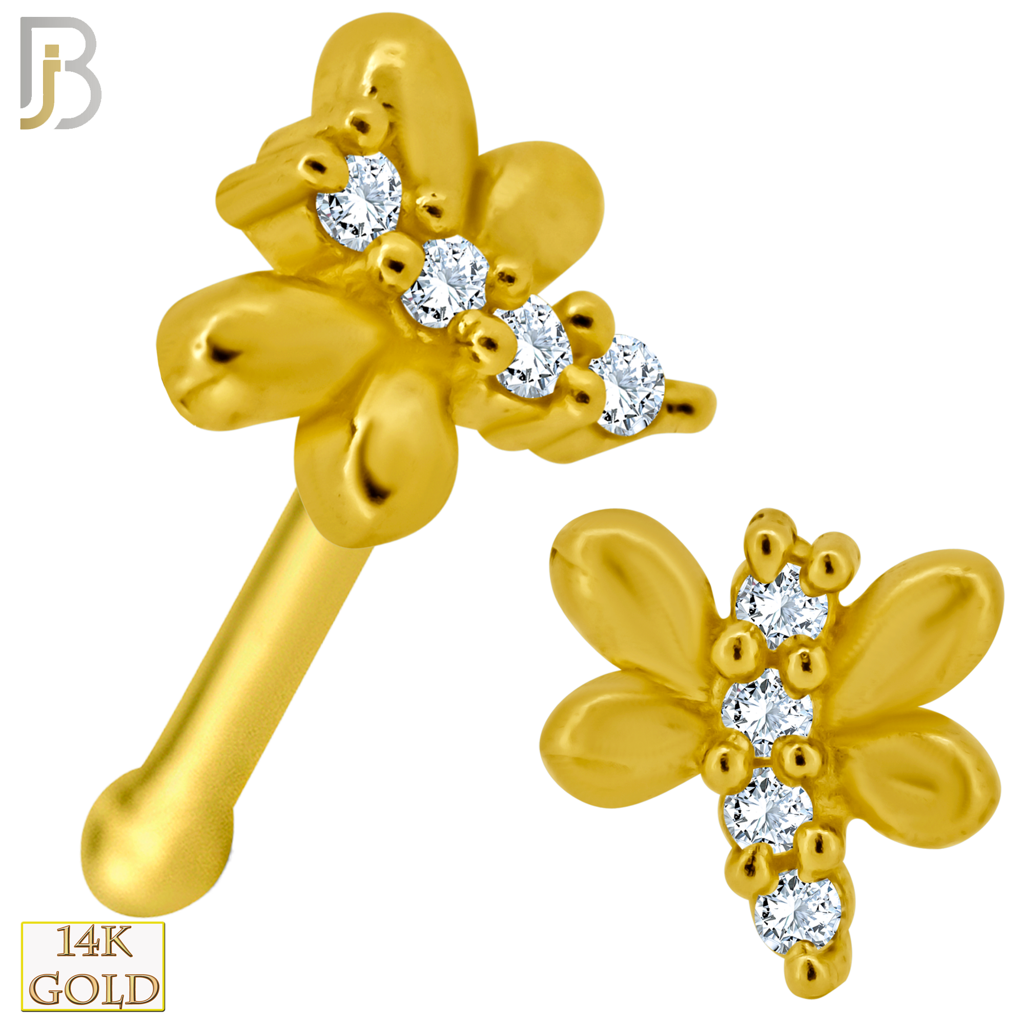 14-NR54B - 14k Solid Gold Nose Bone Dragonfly Design Clear Zircon image 0