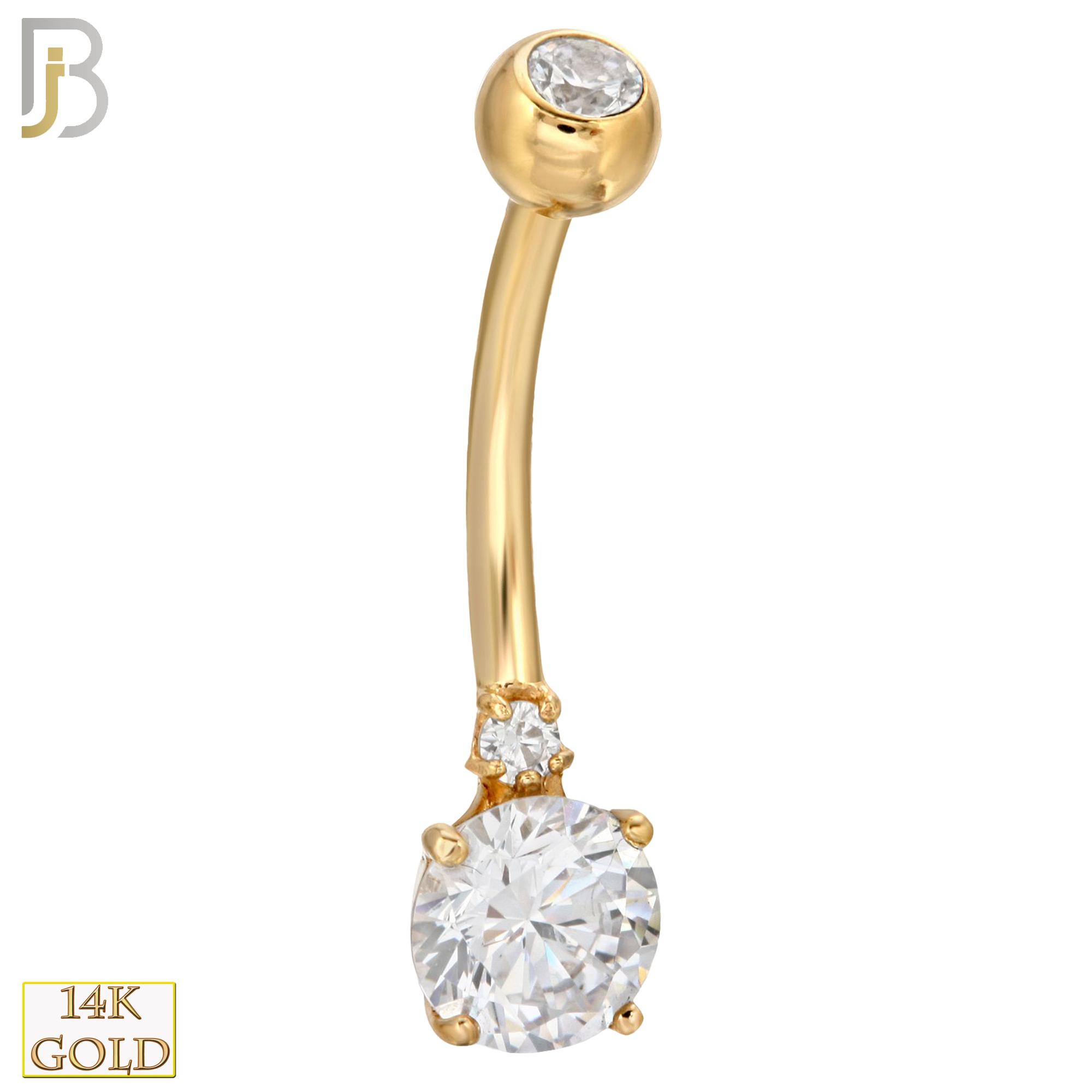 14-NB02 - 14k Solid Gold Banana Belly Ring Double Round Prong Setting Zircon image 0
