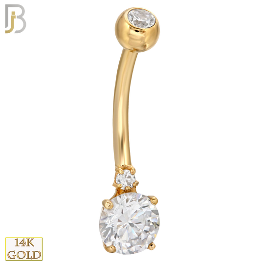 14-NB02 - 14k Solid Gold Banana Belly Ring Double Round Prong Setting Zircon image 0