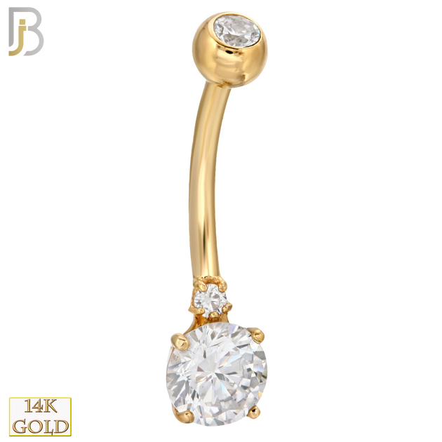 14-NB02 - 14k Solid Gold Banana Belly Ring Double Round Prong Setting Zircon image 0