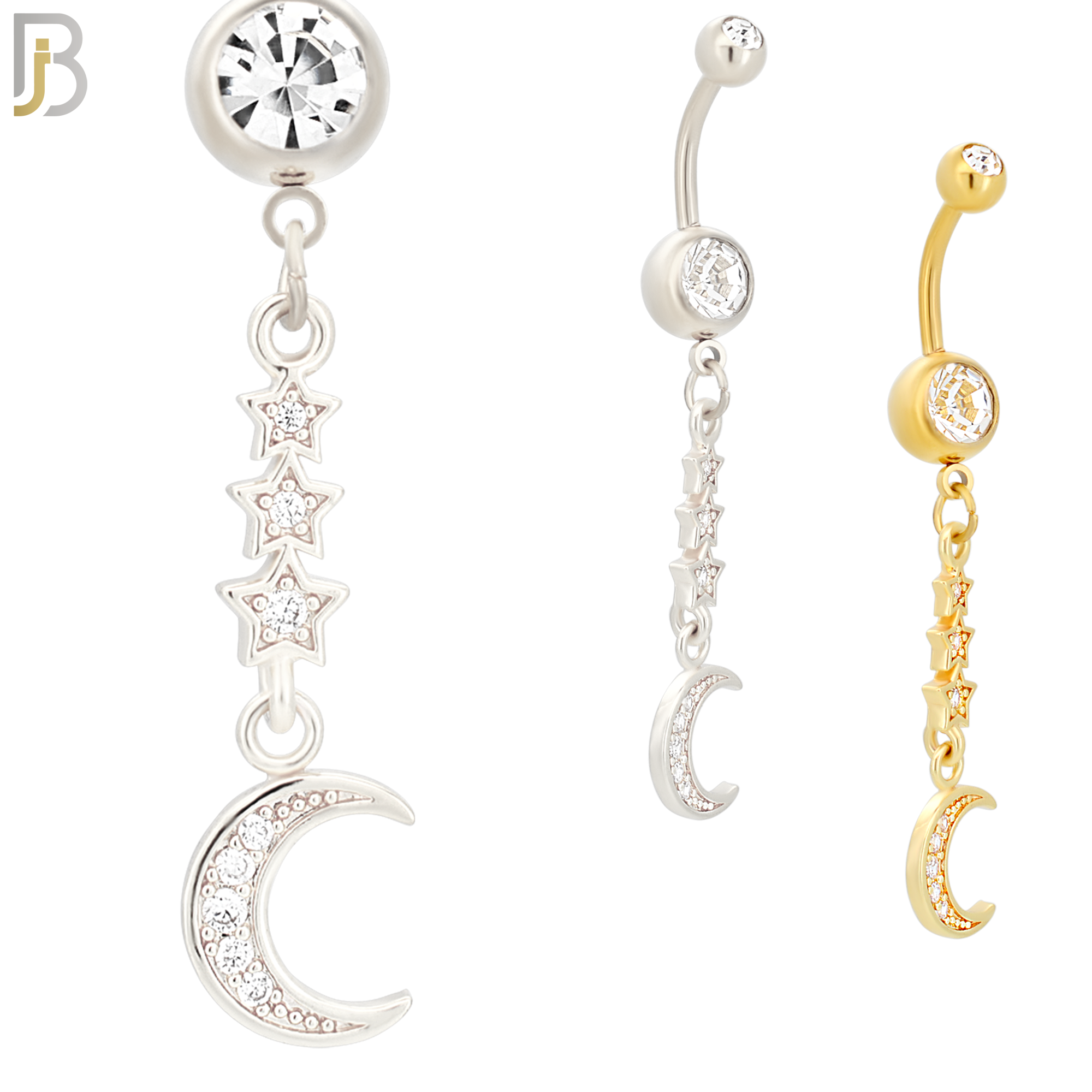 N021 - 316L Stainless Steel Dangling Triple Star with Crescent Moon with Zircon  Design Belly Ring with 5mm Screw Ball image 0