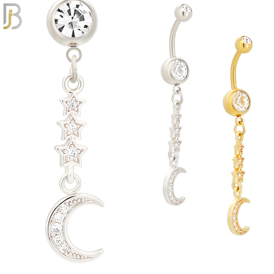 N021 - 316L Stainless Steel Dangling Triple Star with Crescent Moon with Zircon  Design Belly Ring with 5mm Screw Ball image 0