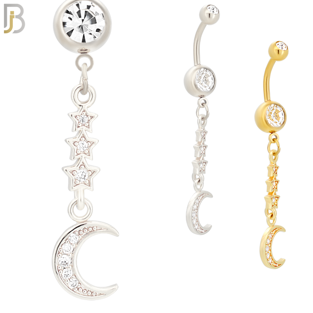 N021 - 316L Stainless Steel Dangling Triple Star with Crescent Moon with Zircon  Design Belly Ring with 5mm Screw Ball image 0