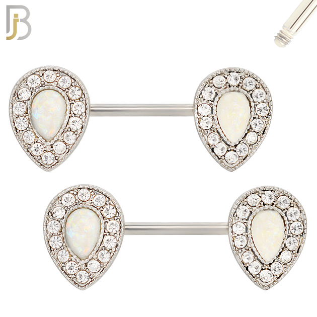NP09 - 316L Surgical Steel Screw Teardrop Opal with Multi Zircon Nipple Ring Piercing image 1