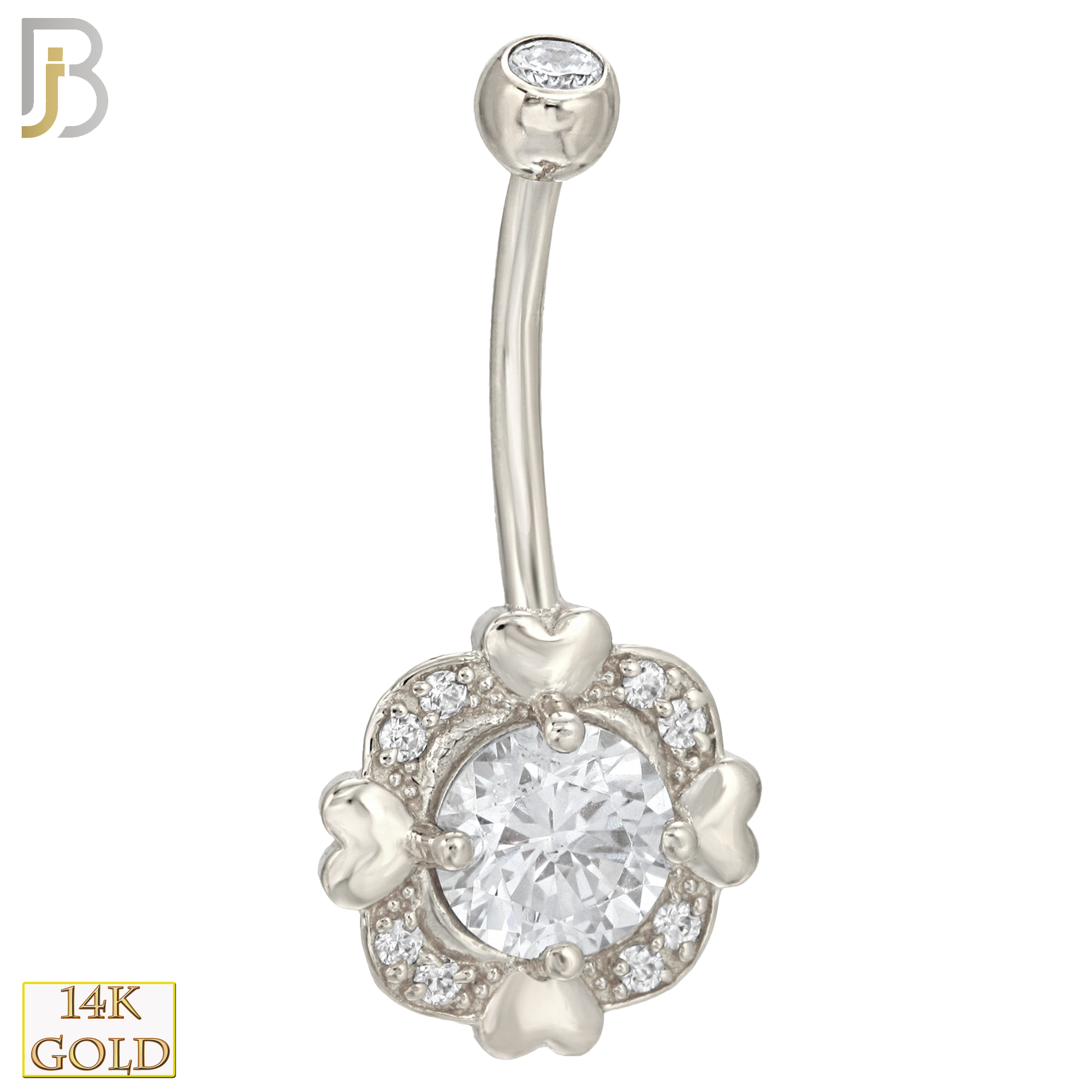 14-NB04 - 14k Solid Gold Banana Belly Ring with 4 Heart Square image 1