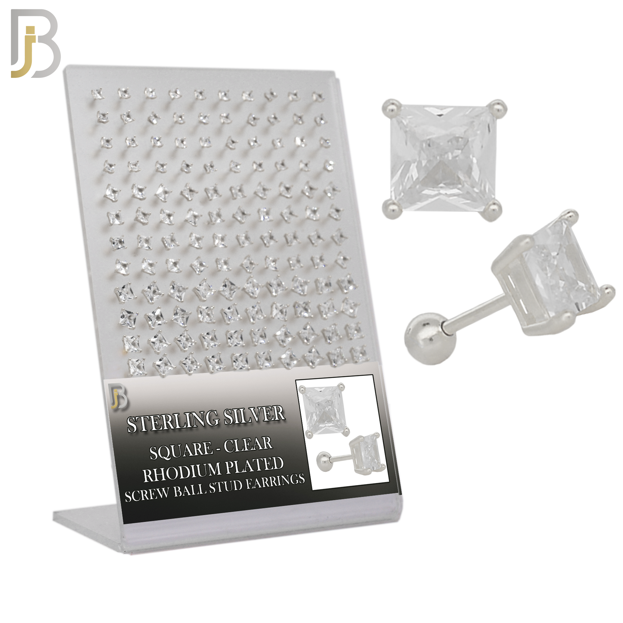 925-PK-ES312-SC - .925 Sterling Silver Rhodium Plated Earring Stud with Screw Ball Backing, Casting Prong Setting and Square Clear Zircon - Rhodium Plated image