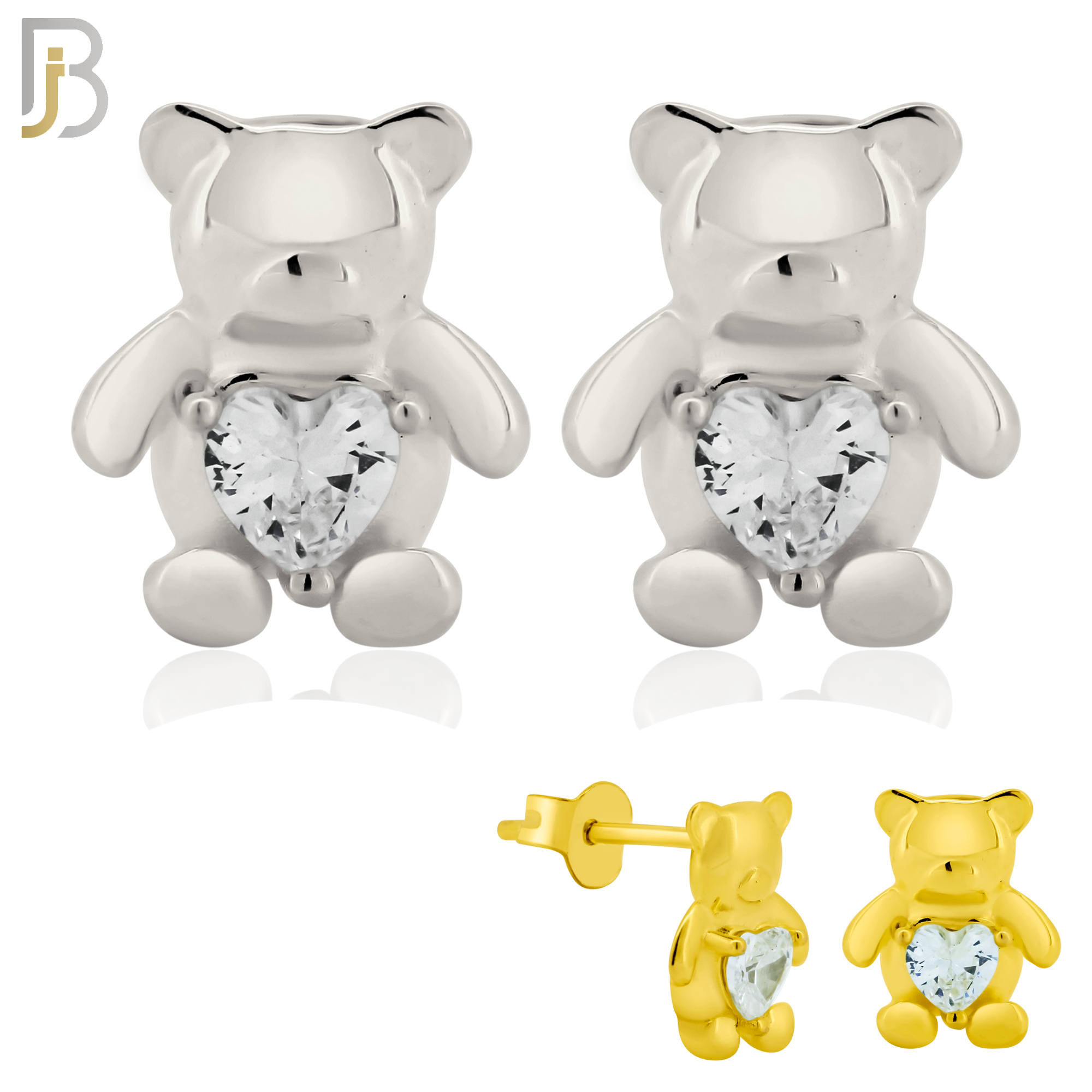 925-ES371 - Push Back - .925 Sterling Silver Bear with Heart Shaped CZ Stud Earrings image 0