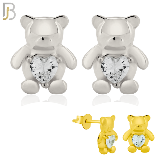 925-ES371 - Push Back - .925 Sterling Silver Bear with Heart Shaped CZ Stud Earrings image 0